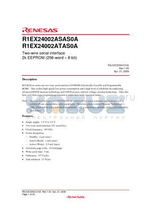 R1EX24002ASAS0A datasheet - Two-wire serial interface 2k EEPROM (256-word  8-bit)