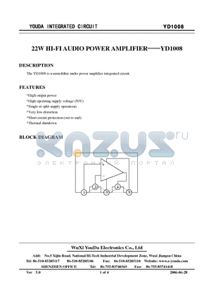 YD1008 datasheet - 22W HI-FI AUDIO POWER AMPLIFIER