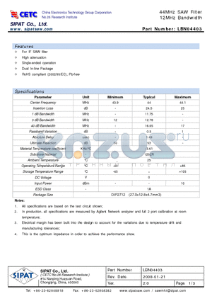 LBN04403 datasheet - 44MHz SAW Filter 12MHz Bandwidth