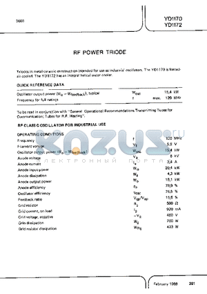 YD1170 datasheet - RF POWER TRIODE