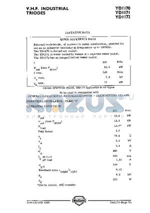 YD1170 datasheet - V.H.F. INDUSTRIAL TRIODES