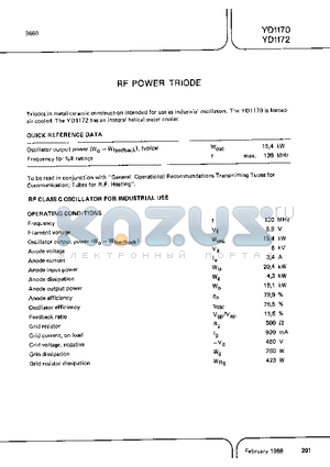 YD1172 datasheet - RF POWER TRIODE