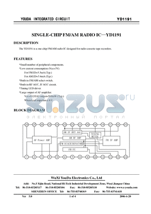 YD1191 datasheet - SINGLE-CHIP FM/AM RADIO IC