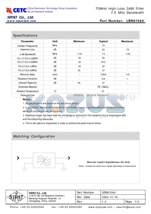 LBN07084 datasheet - 70MHz High-Loss SAW Filter 7.5 MHz Bandwidth