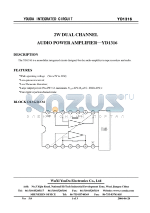 YD1316 datasheet - 2W DUAL CHANNEL AUDIO POWER AMPLIFIER