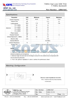 LBN07087 datasheet - 70MHz High-Loss SAW Filter 7.75MHz Bandwidth