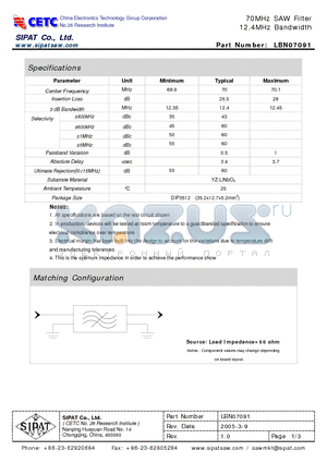 LBN07091 datasheet - 70MHz SAW Filter 12.4MHz Bandwidth