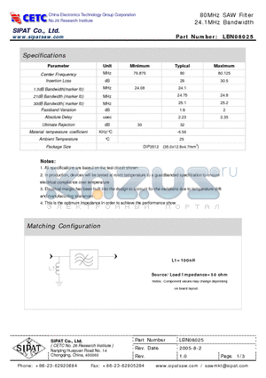 LBN08025 datasheet - 80MHz SAW Filter 24.1MHz Bandwidth