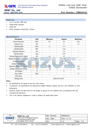 LBN08028 datasheet - 80MHz Low-loss SAW Filter 10MHz Bandwidth