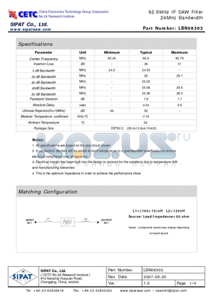 LBN08303 datasheet - 82.6MHz IF SAW Filter 24MHz Bandwidth