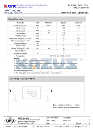LBN08503 datasheet - 84.8MHz SAW Filter 7.1MHz Bandwidth