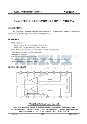 YD2025A datasheet - 2.4W STEREO AUDIO POWER AMP