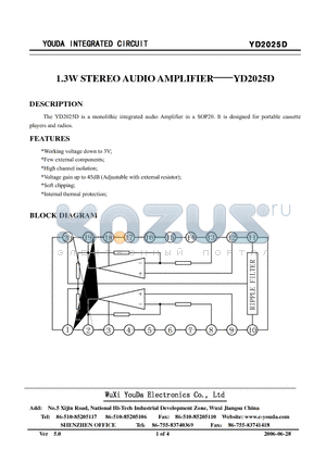 YD2025D datasheet - 1.3W STEREO AUDIO AMPLIFIER