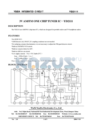 YD2111 datasheet - 3V AM/FM ONE CHIP TUNER IC