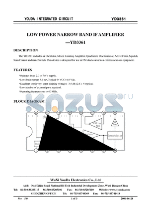 YD3361 datasheet - LOW POWER NARROW BAND IF AMPLIFIER