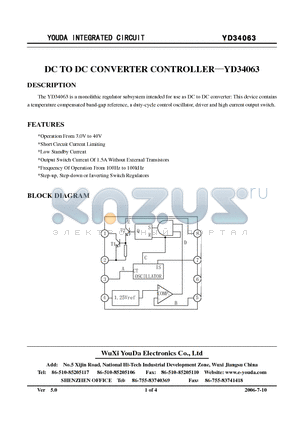 YD34063 datasheet - DC TO DC CONVERTER CONTROLLER