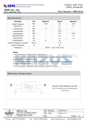 LBN12019 datasheet - 120MHz SAW Filter 19MHz Bandwidth