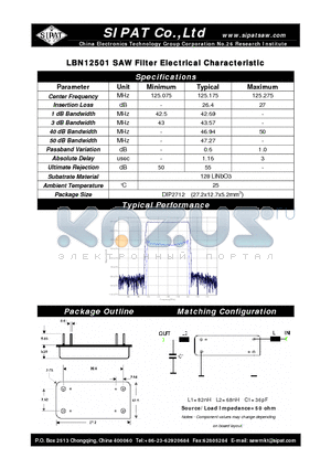 LBN12501 datasheet - SAW Filter Electrical Characteristic