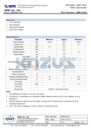 LBN13008 datasheet - 129.5MHz SAW Filter 7MHz Bandwidth