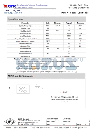 LBN14067 datasheet - 140MHz SAW Filter 19.4MHz Bandwidth