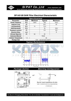 LBN14015B datasheet - SAW Filter Electrical Characteristic