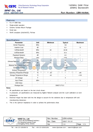 LBN140A06 datasheet - 140MHz SAW Filter 28MHz Bandwidth