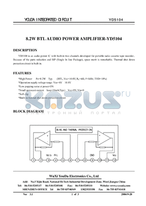 YD5104 datasheet - 8.2W BTL AUDIO POWER AMPLIFIER