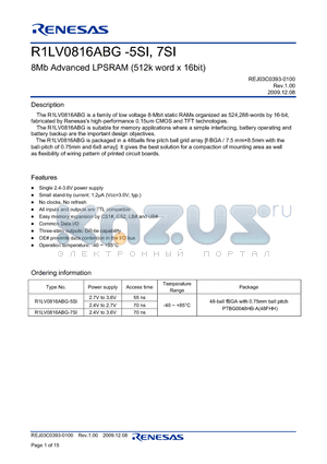 R1LV0816ABG-5SI datasheet - 8Mb Advanced LPSRAM (512k word x 16bit)