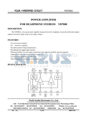 YD7000 datasheet - POWER AMPLIFIER FOR HEADPHONE STEREOS