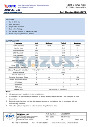 LBN140A74 datasheet - 140MHz SAW Filter 13.2MHz Bandwidth