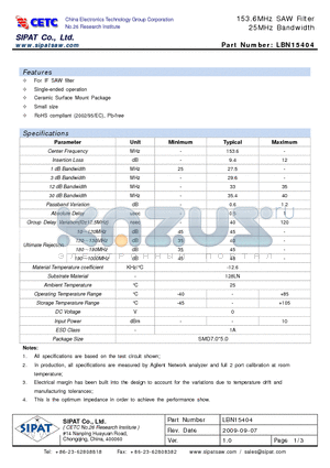 LBN15404 datasheet - 153.6MHz SAW Filter 25MHz Bandwidth