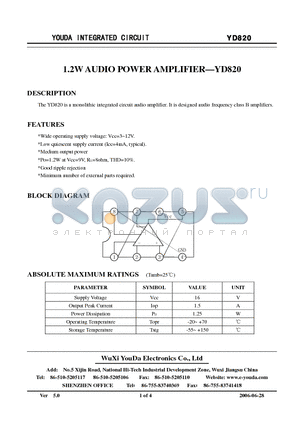 YD820 datasheet - 1.2W AUDIO POWER AMPLIFIER