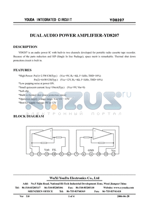 YD8207 datasheet - DUAL AUDIO POWER AMPLIFIER