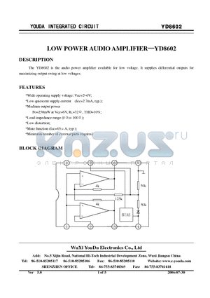 YD8602 datasheet - LOW POWER AUDIO AMPLIFIER