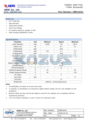 LBN16050 datasheet - 160MHz SAW Filter 17MHz Bandwidth