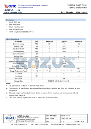 LBN16054 datasheet - 160MHz SAW Filter 73MHz Bandwidth