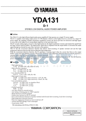 YDA131 datasheet - D- 1 STEREO 2.5W DIGITAL AUDIO POWER AMPLIFIER