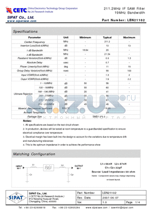 LBN21102 datasheet - 211.2MHz IF SAW Filter 19MHz Bandwidth