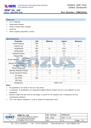 LBN35006 datasheet - 350MHz SAW Filter 28MHz Bandwidth