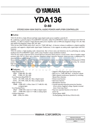 YDA136 datasheet - D- 60 STEREO 60W-100W DIGITAL AUDIO POWER AMPLIFIER CONTROLLER
