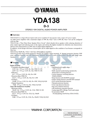 YDA138 datasheet - D- 3 STEREO 10W DIGITAL AUDIO POWER AMPLIFIER