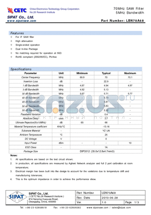 LBN70A68 datasheet - 70MHz SAW Filter 5MHz Bandwidth