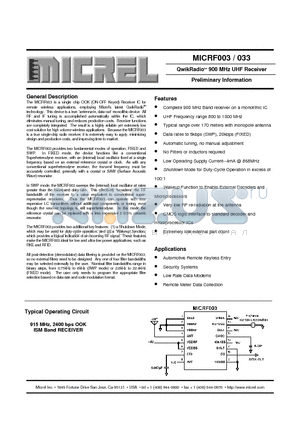 MICRF003 datasheet - QwikRadiotm 900 MHz UHF Receiver Preliminary Information