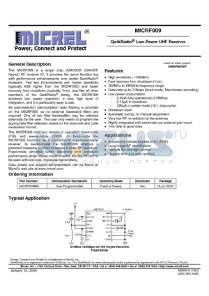 MICRF009BM datasheet - QwikRadio  Low-Power UHF Receiver