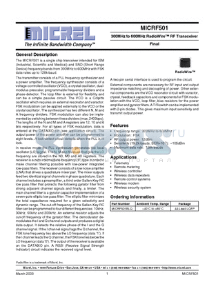 MICRF501 datasheet - 300MHz to 600MHz RadioWire RF Transceiver