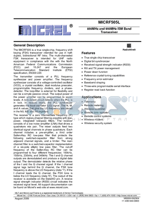 MICRF505L datasheet - 850MHz and 950MHz ISM Band Transceiver