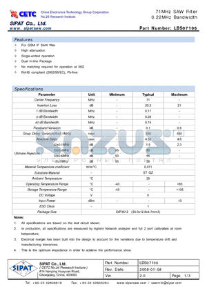 LBS07106 datasheet - 71MHz SAW Filter 0.22MHz Bandwidth