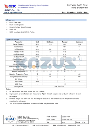 LBS07406 datasheet - 73.7MHz SAW Filter 1MHz Bandwidth