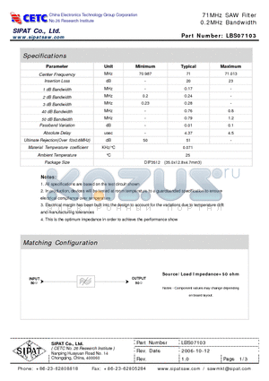 LBS07103 datasheet - 71MHz SAW Filter 0.2MHz Bandwidth
