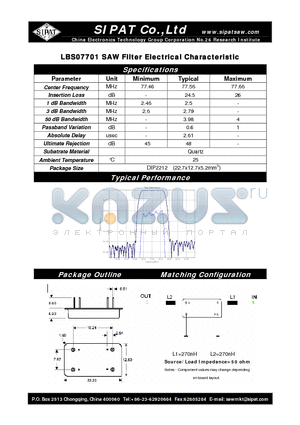 LBS07701 datasheet - SAW Filter Electrical Characteristic